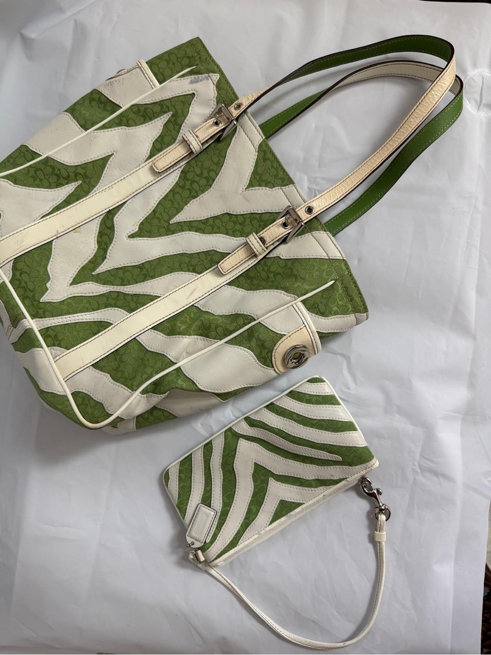 Coach Green and White Signature Wave Tote with Matching Wristlet